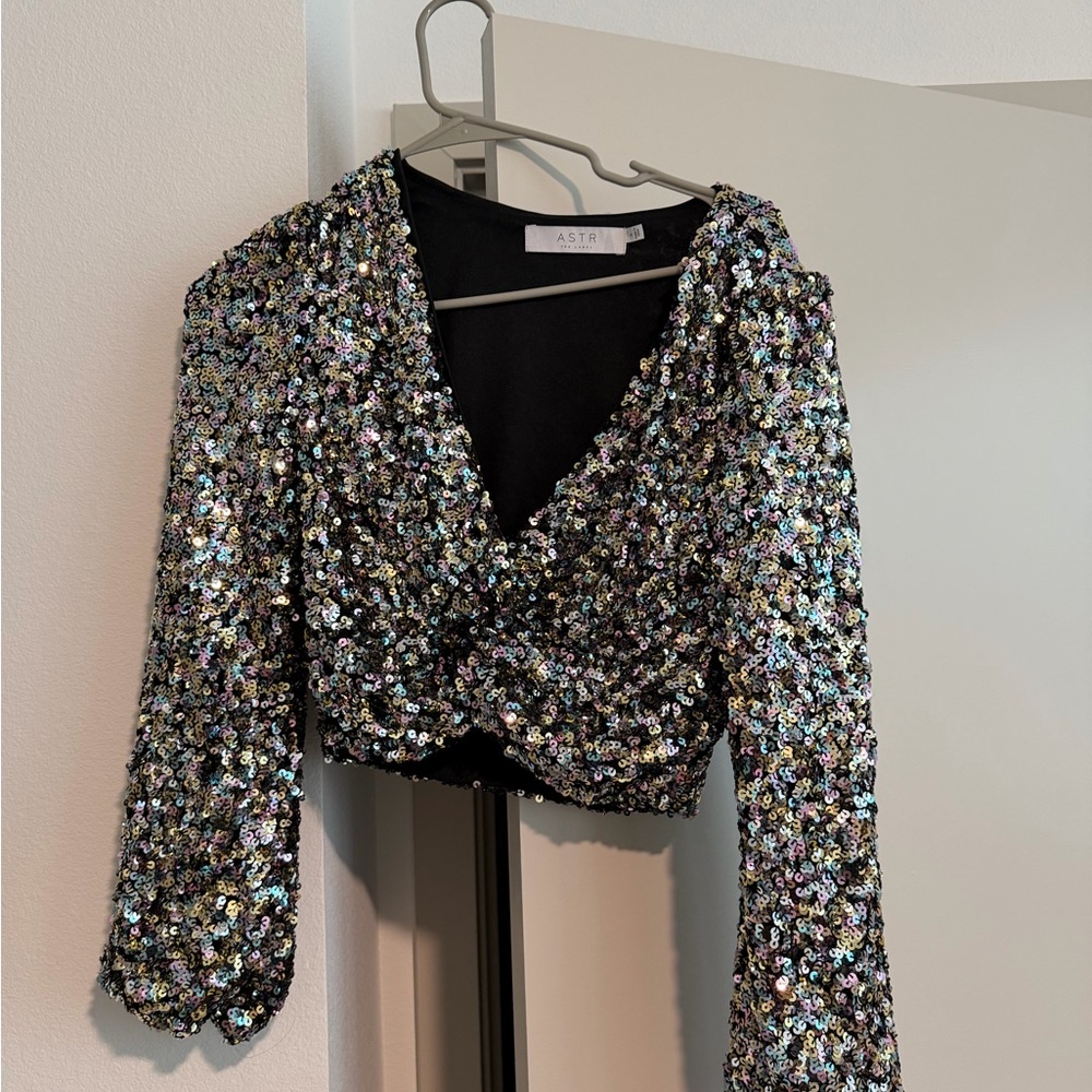 Astr Black Sequin Cropped Wrap Top with Iridescent Accents